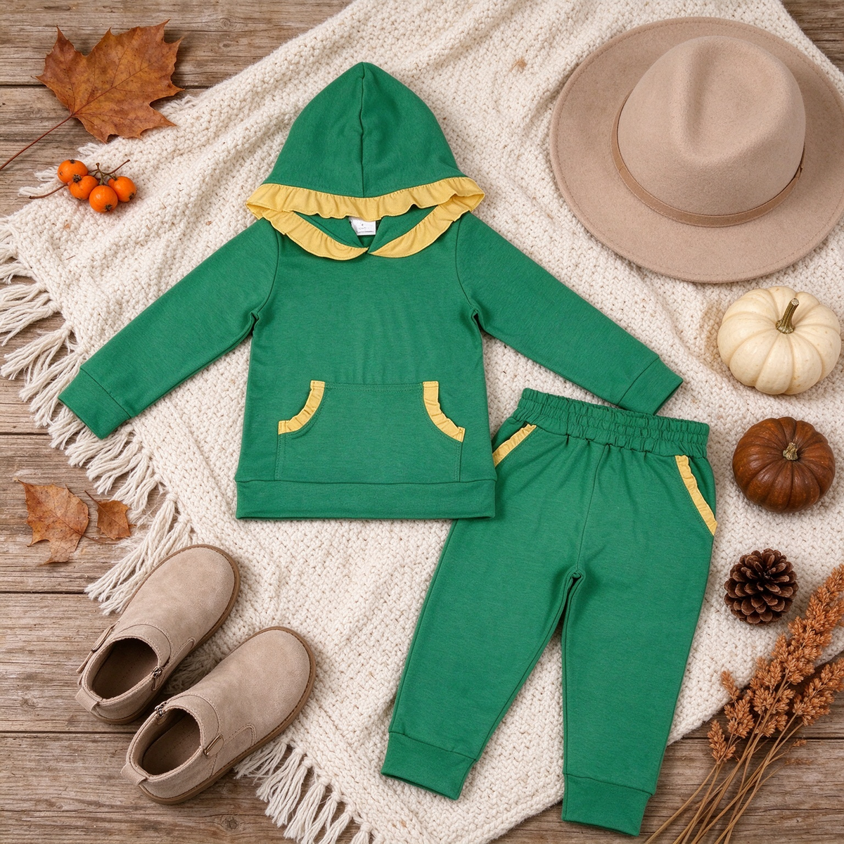 NEW RTS NO MOQ milk silk GLP3569 Baby Girls Yellow Green Ruffle Hoodie Pockets Jogger Clothes Sets