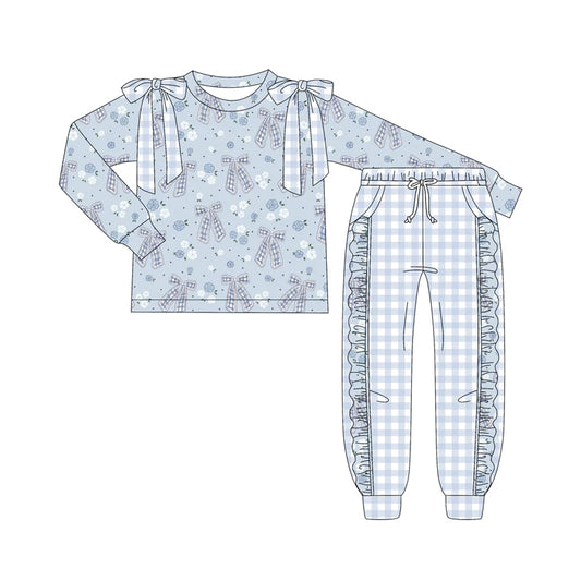 8.9Preorder (moq 5)Baby Girls Blue Bows Flowers Plaid Top Pockets Legging Pant Set