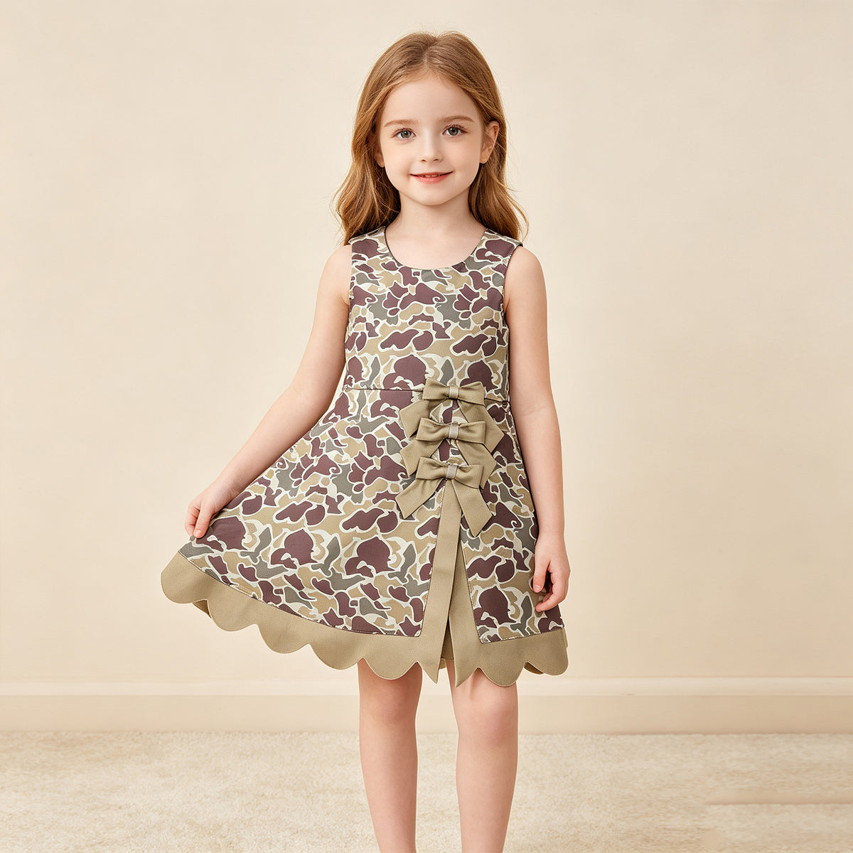 NEW RTS NO MOQ yoga fabric GSD4228 Baby Girls Southern Khaki Camo Yoga Active Short Scallop Bows Knee Length Dress