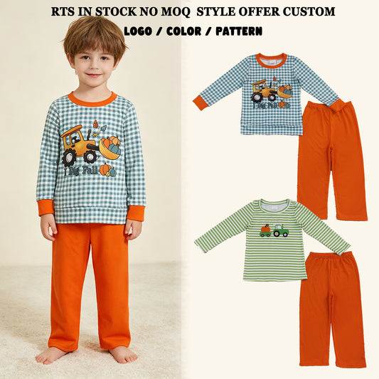 RTS NO MOQ Sibling milk silk Embroidery Pumpkin Truck Baby Boys Stripe Top Pant Fall Clothes Sets