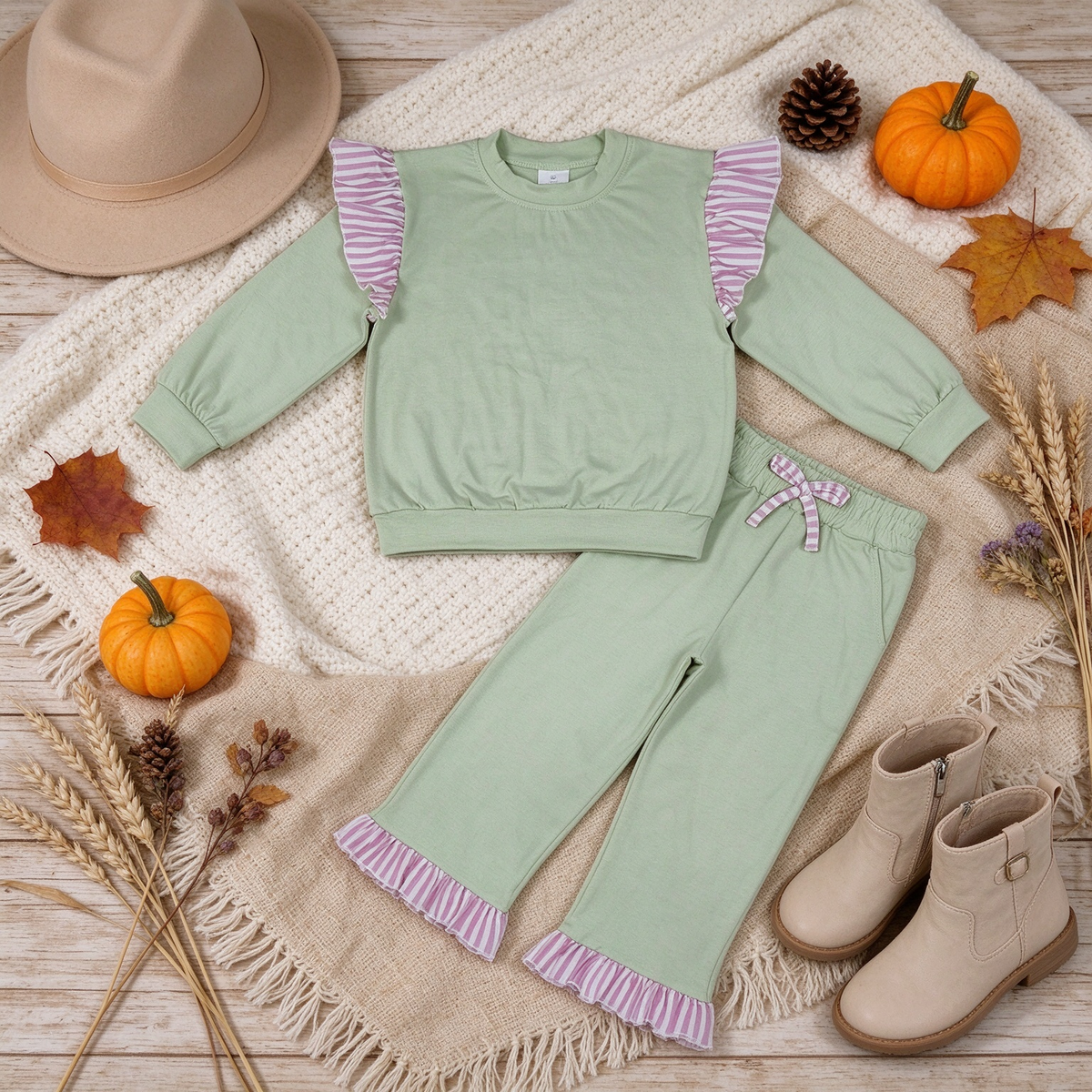 NEW RTS NO MOQ cotton GLP3700（GT1847+P1156）Baby Girls Light Green Stripe Flutter Sleeve Top Pockets Ruffle Pant Set