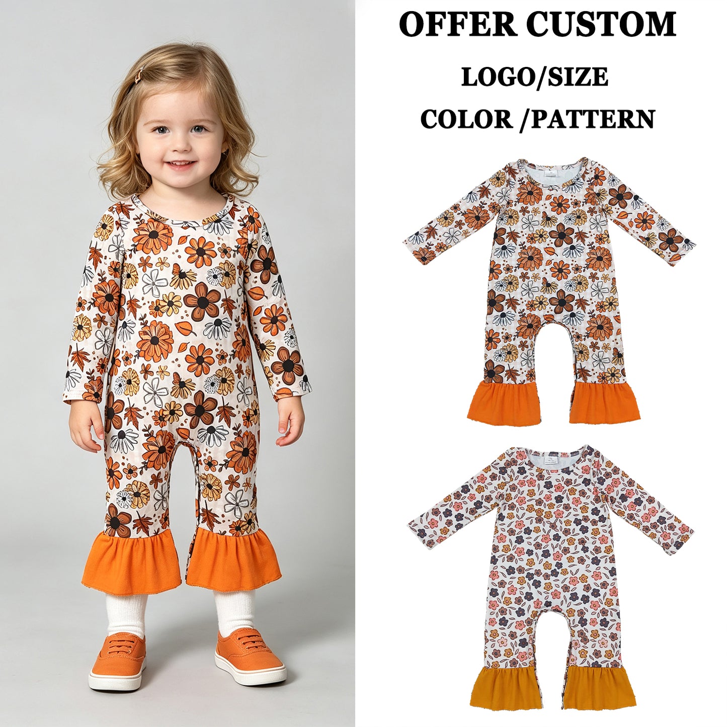 RTS NO MOQ Sibling milk silk Baby Girls Long Sleeve Flowers Leaves Print Fall Ruffle Pant Rompers