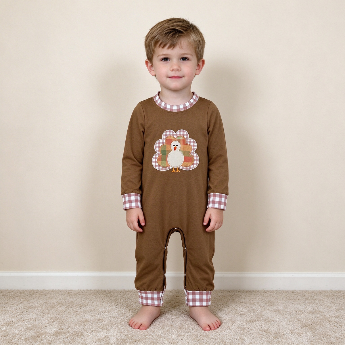 NEW RTS NO MOQ milk silk LR3170 Embroidery Turkey Baby Boys Brown Long Sleeve Thanksgivings Pant Rompers