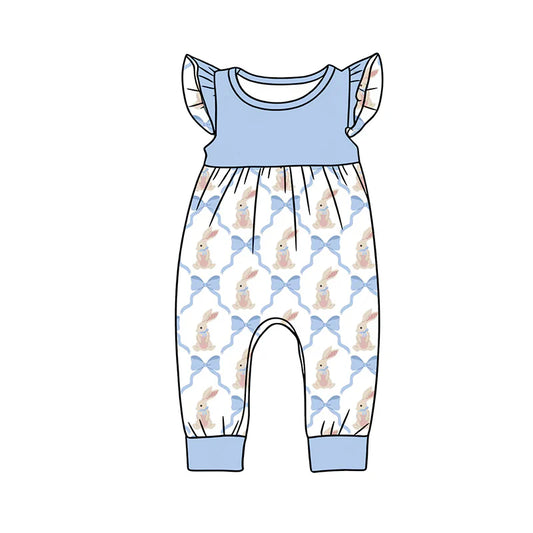 X12.16 Preorder (moq 5)Baby Girls Flutter Sleeve Blue Bows Rabbits Checked Easter Footie Rompers