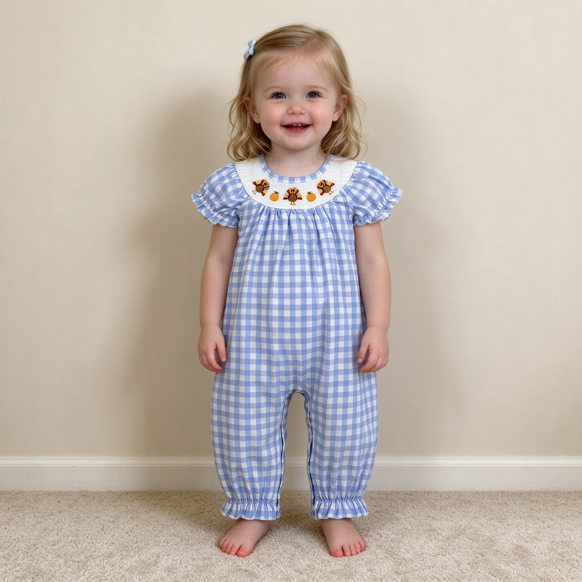 NEW RTS NO MOQ milk silk SR4276 Smocked Turkey Pumpkins Baby Girls Thanksgiving Blue Checked Pant Rompers