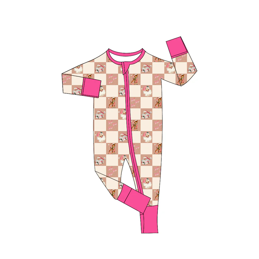 X902Preorder(moq 5)Baby Girls Christmas Pink Santa Deer Zipper Footie Rompers