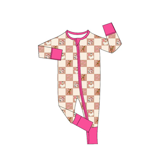 X902Preorder(moq 5)Baby Girls Christmas Pink Santa Deer Zipper Footie Rompers