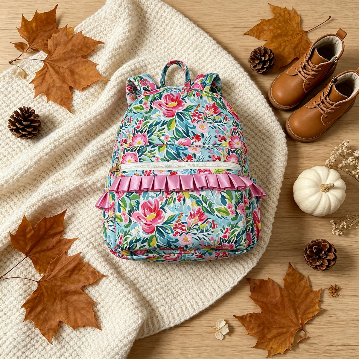 NEW RTS NO MOQ milk silk BA0176 NEW RTS NO MOQ Bags BA0176 Kids Girls Green Pink Flowers Print Backpack Back Bags