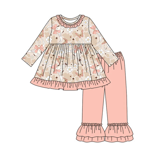 8.2Preorder (moq 5)Baby Girls Peach Camo Bull Skull Flowers Tunic Ruffle Pant Set