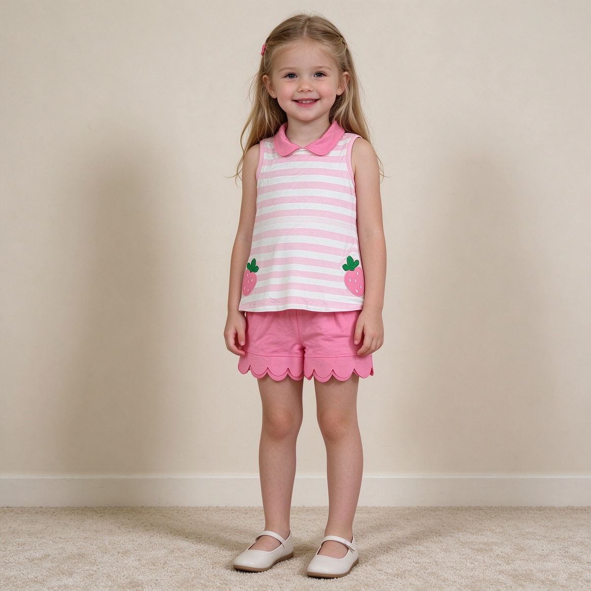 NEW RTS NO MOQ milk silk GSSO3631 Embroidery Strawberry Baby Girls Pink Stripe Tunic Scallop Shorts Clothes Set