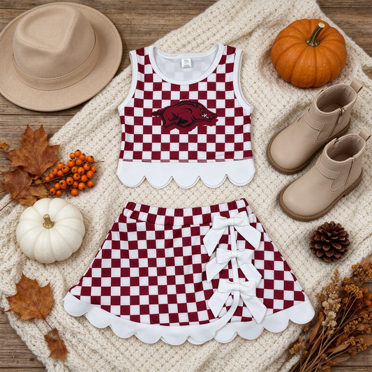 NEW RTS NO MOQ Yoga GSD4286 Baby Girls Maroon Checked Bows Skort Team Yoga Scallop Set