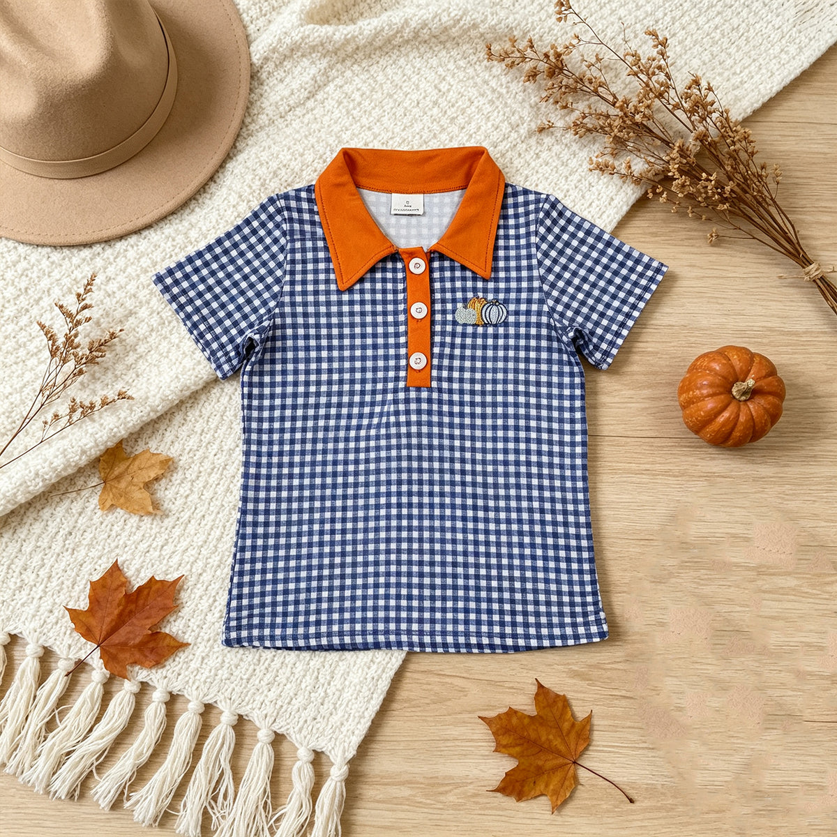 NEW RTS NO MOQ milk silk BT1892 Embroidery Pumpkins Baby Boys Hot Blue Checked Fall Button Polo Shirts Top