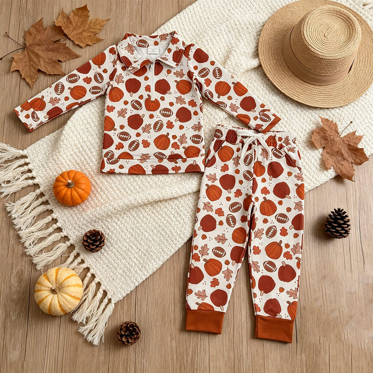 NEW RTS NO MOQ milk silk BT1894+P1197 Baby Boys Long Sleeve Pumpkins Footballs Fall Zip Pullovers pants sets