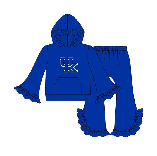 X1.12 Preorder(moq 5)Baby Girls Blue UK Pocket Hoodie Bell Bottom Pants Team Clothes Sets
