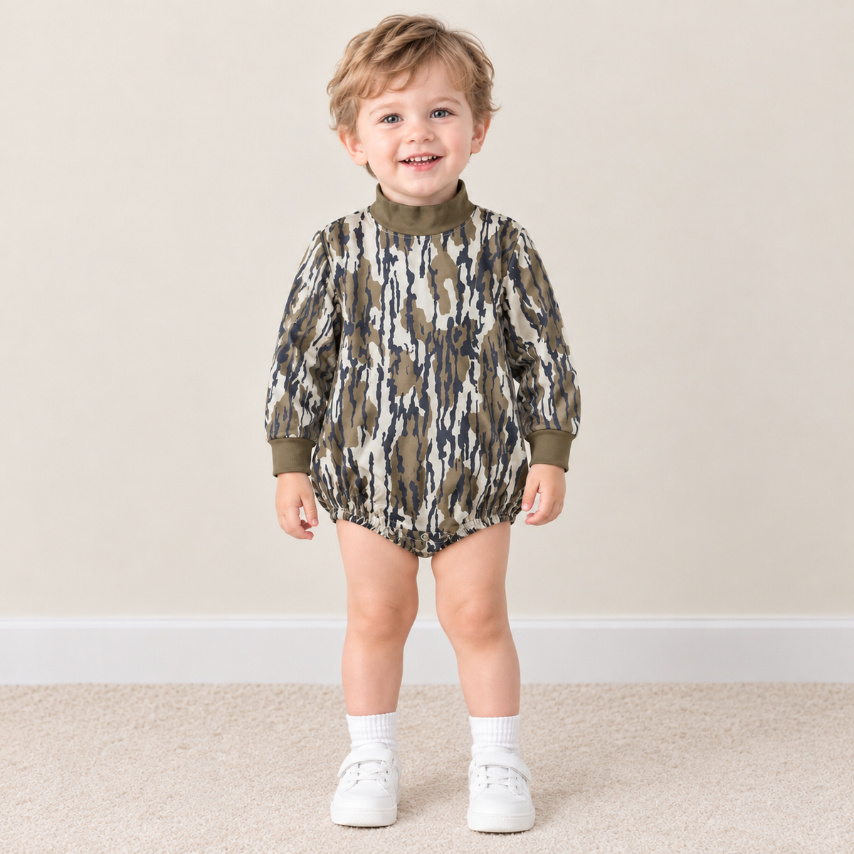 NEW RTS NO MOQ milk silk LR3259 High Neck Baby Boys Long Sleeve Camo Rompers