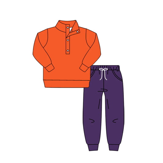 8.8preorder(moq 5) Baby Girls Fall Football Team Purple Checkered Pullover Top Pants Clothing Sets