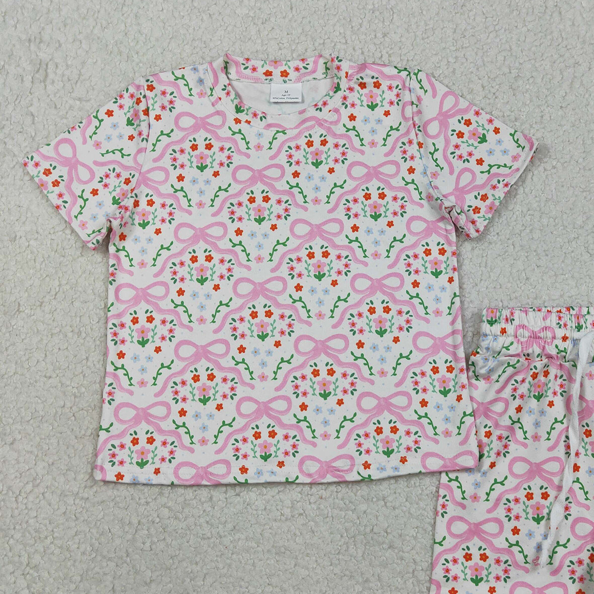 3.28 GSSO3379 Baby Girls Short Sleeve Bows Flowers Checked Top Shorts Slouchy Set