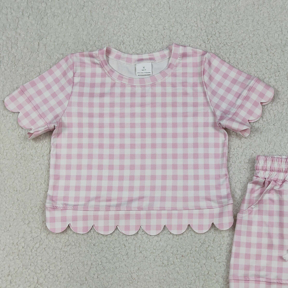 3.31 GSSO3183 Baby Girls Short Sleeve Light Pink Checked Top Shorts Scallop Clothes Sets