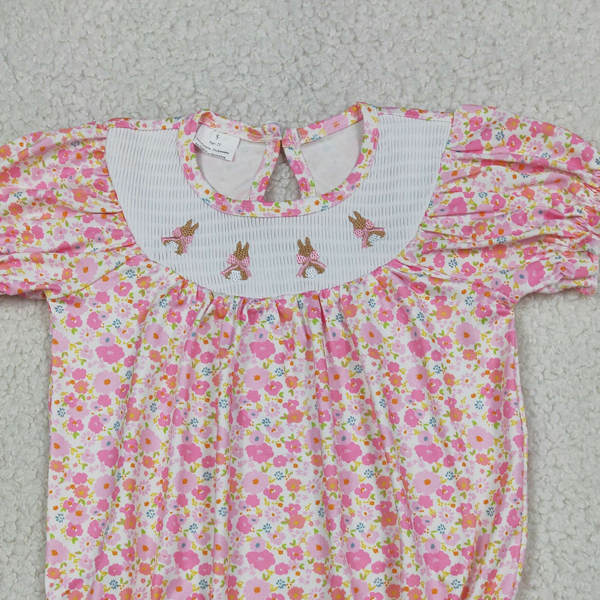 SR3785 Smocked Bow Rabbits Baby Girls Pink Flowers Easter Ruffle Rompers