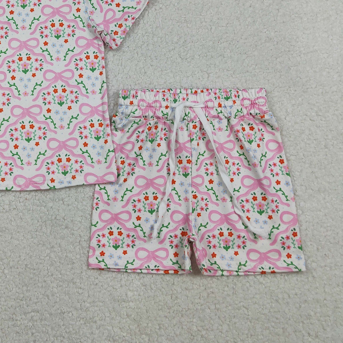 3.28 GSSO3379 Baby Girls Short Sleeve Bows Flowers Checked Top Shorts Slouchy Set