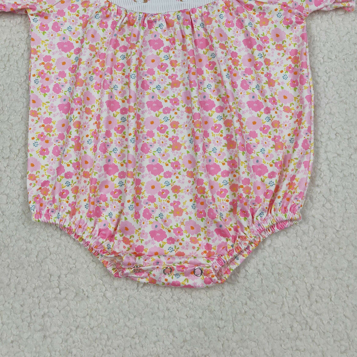 SR3785 Smocked Bow Rabbits Baby Girls Pink Flowers Easter Ruffle Rompers