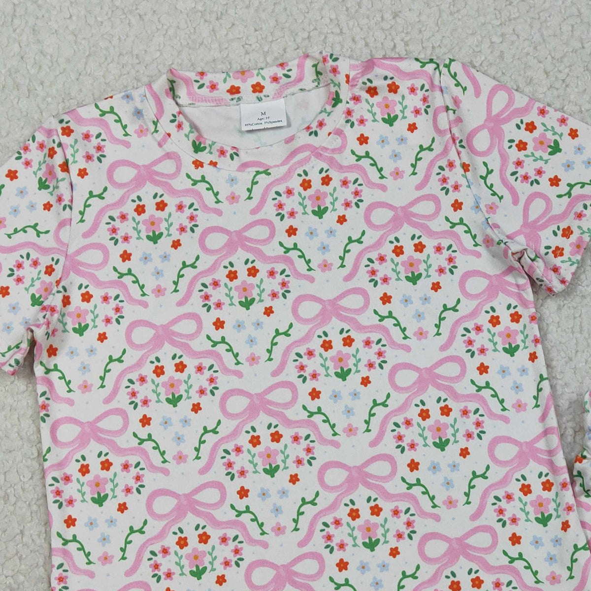 3.28 GSSO3379 Baby Girls Short Sleeve Bows Flowers Checked Top Shorts Slouchy Set