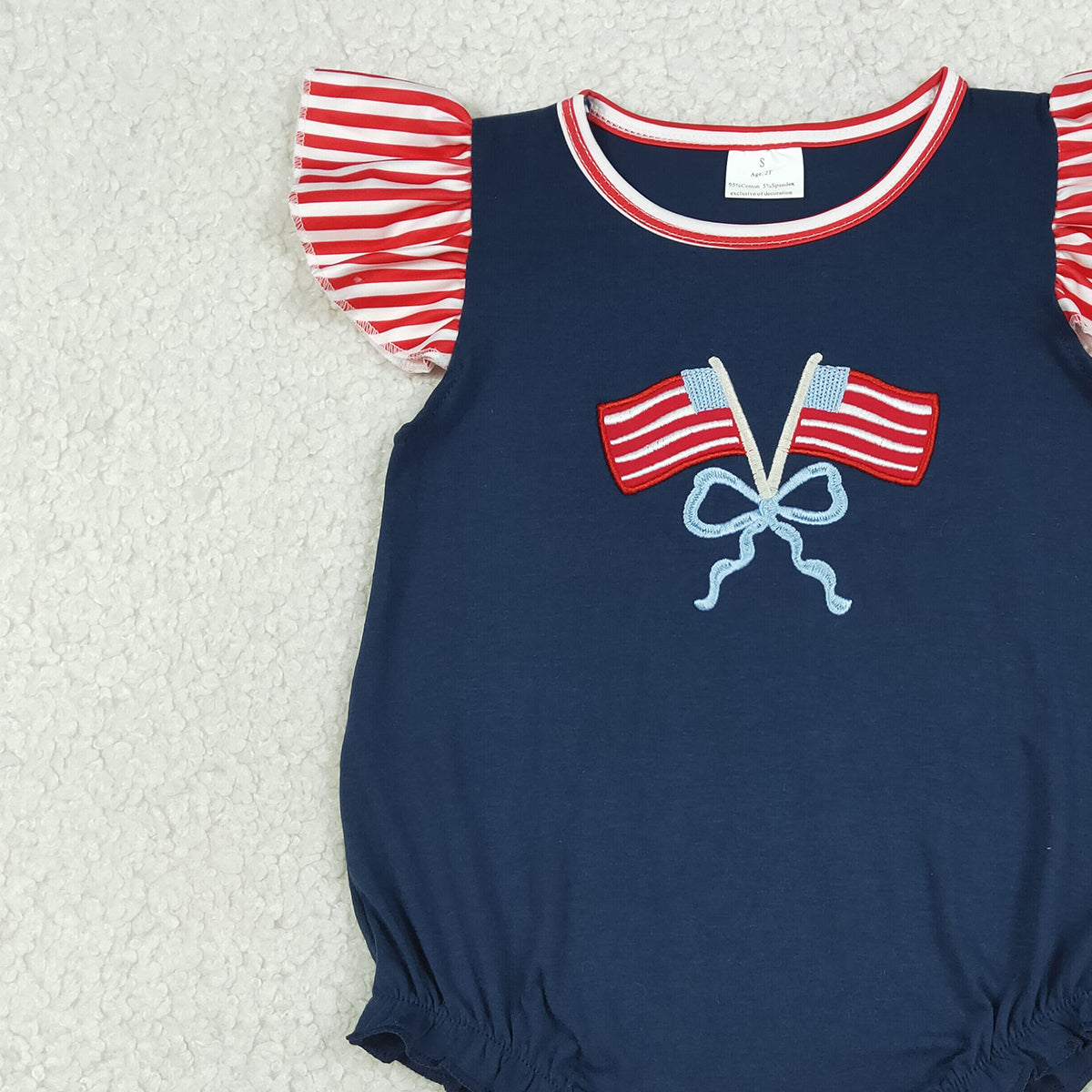 SR3903 Embroidery Bows Flags Baby Girls Flutter Sleeve 4th of July Ruffle Rompers