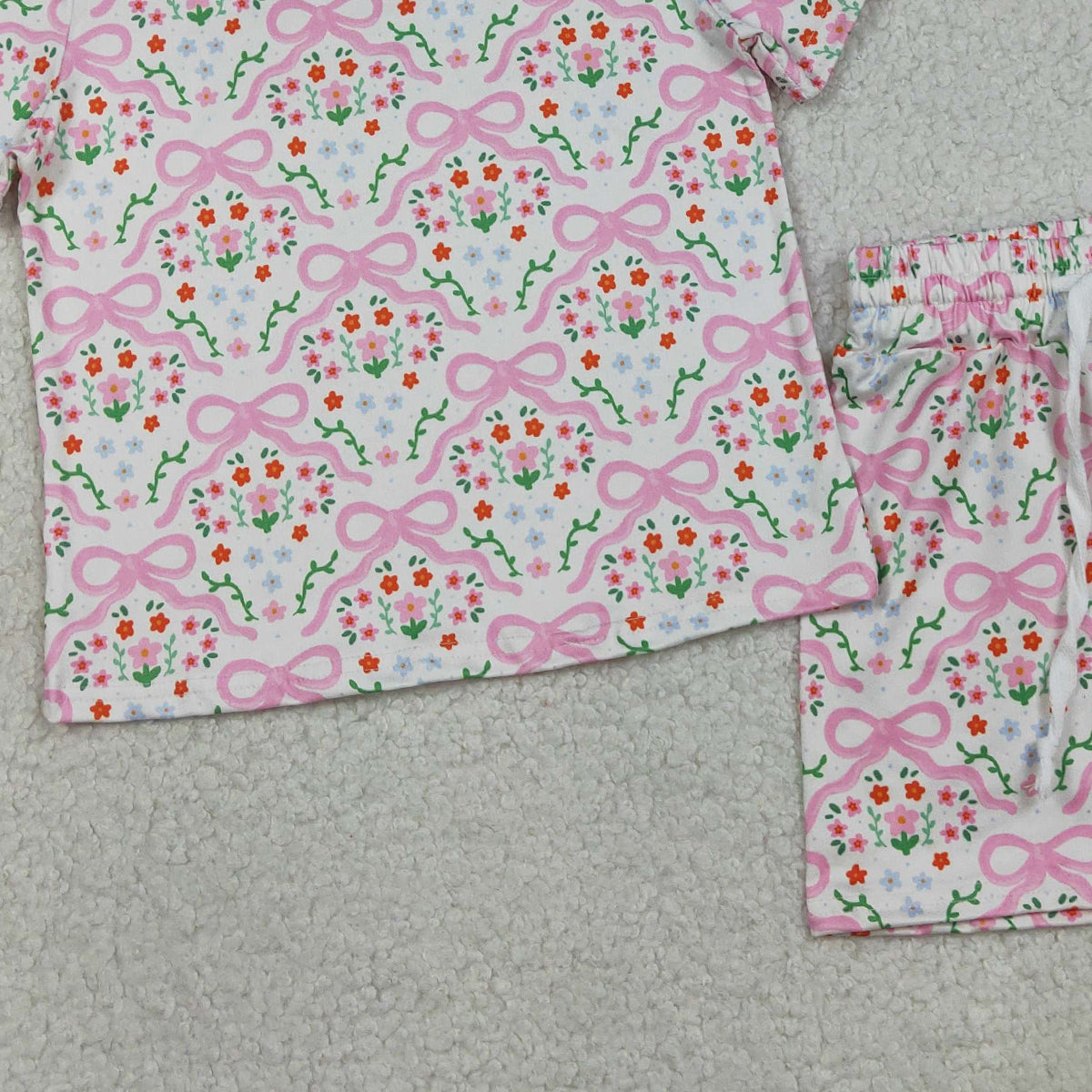 3.28 GSSO3379 Baby Girls Short Sleeve Bows Flowers Checked Top Shorts Slouchy Set