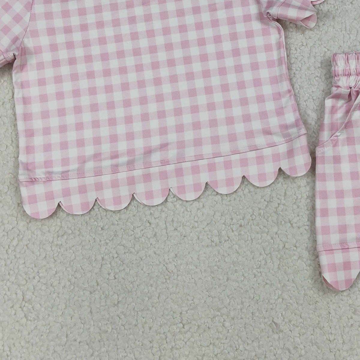 3.31 GSSO3183 Baby Girls Short Sleeve Light Pink Checked Top Shorts Scallop Clothes Sets