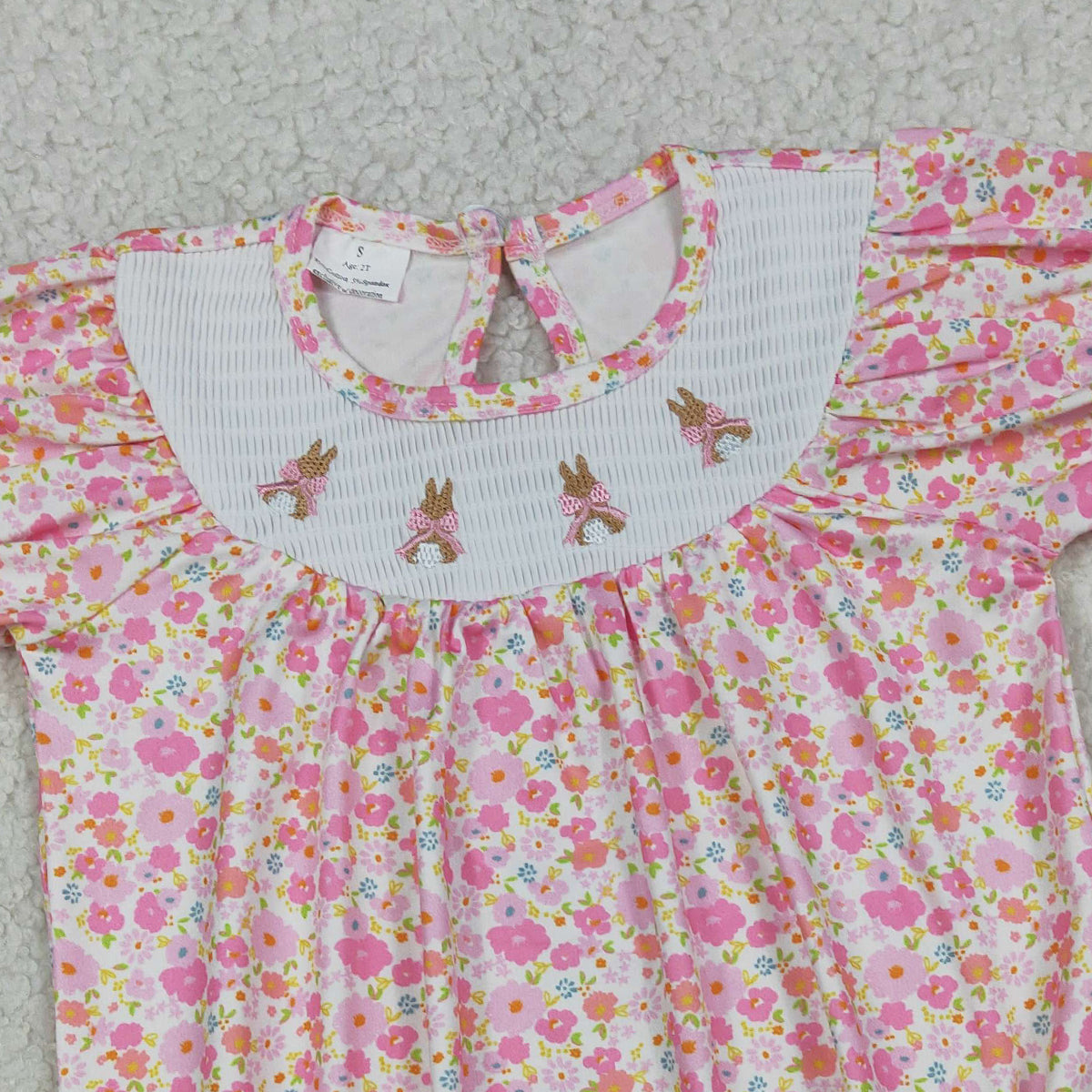 SR3785 Smocked Bow Rabbits Baby Girls Pink Flowers Easter Ruffle Rompers