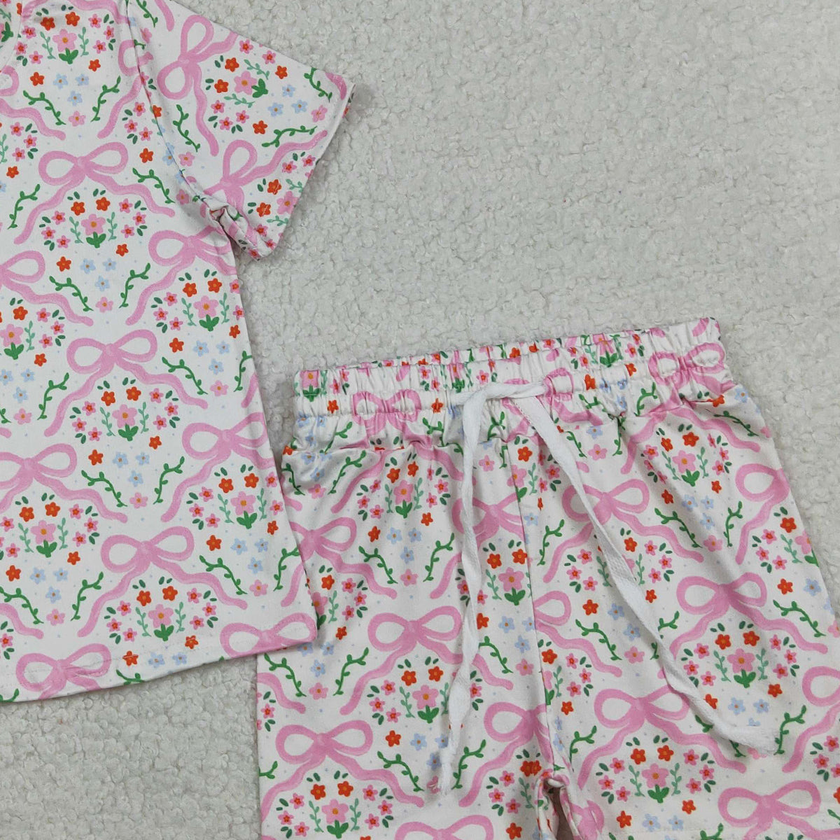 3.28 GSSO3379 Baby Girls Short Sleeve Bows Flowers Checked Top Shorts Slouchy Set