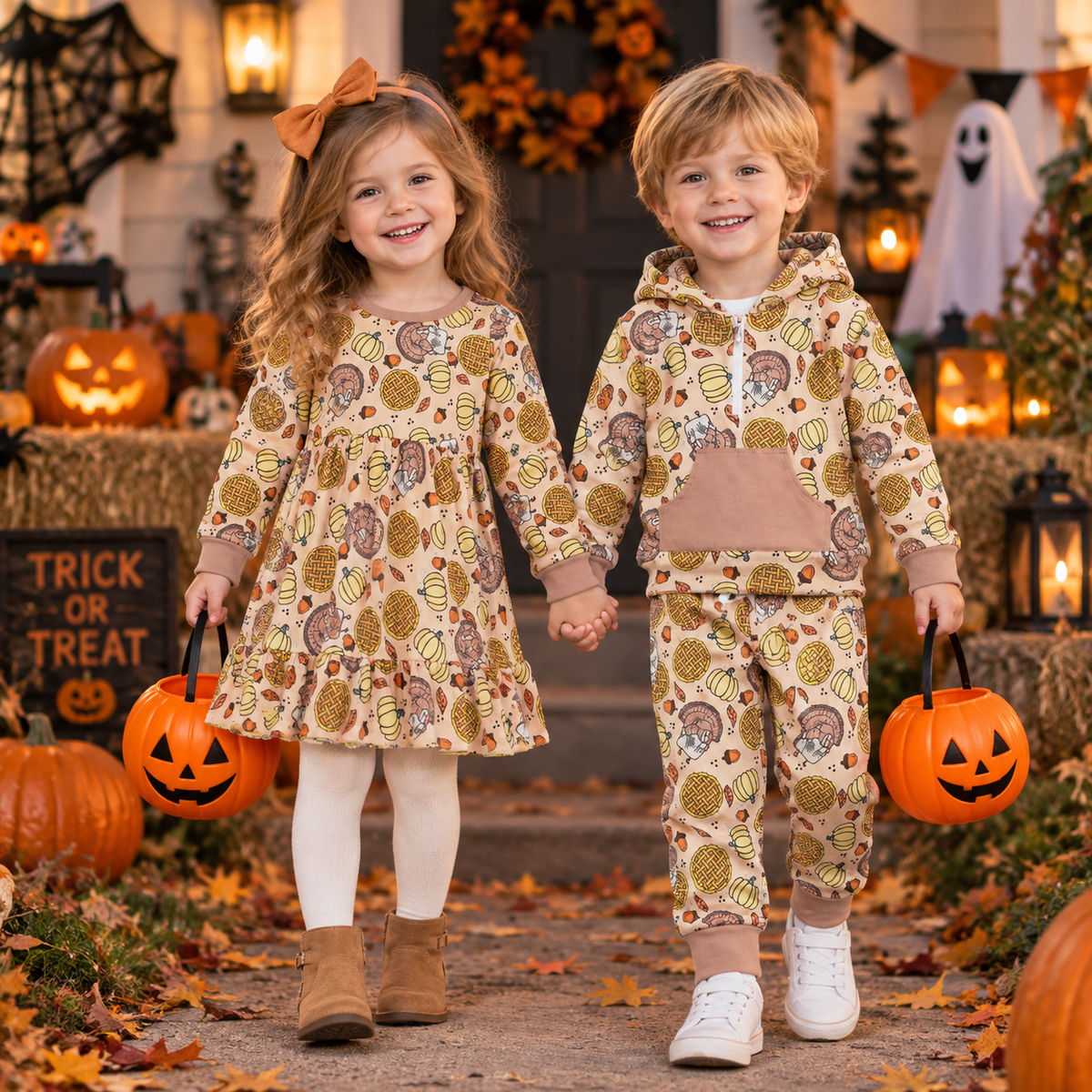 RTS NO MOQ Sibling milk silk Baby Kids Fall Pumpkin Hedgehog Print Matching Set Hoodie Jogger And Girls Long Sleeve Twirl Dress