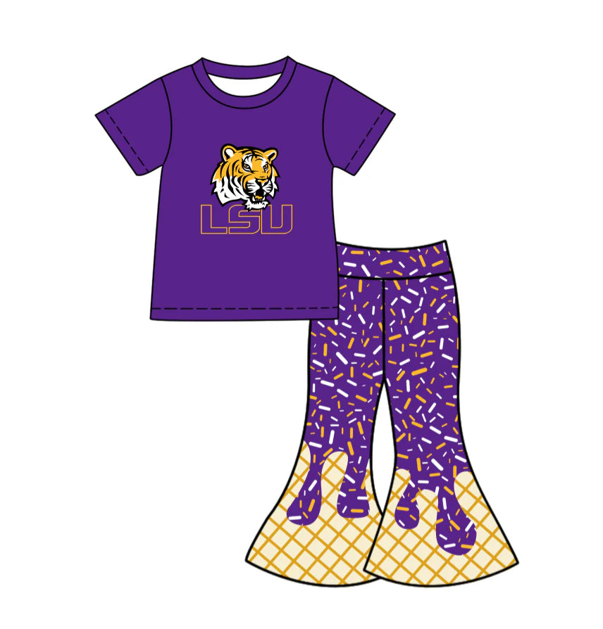 X12.1Preorder (moq 5)Baby Girls Purple LSU Tigers Top Drip Sprinkles Bell Bottom Pants Team Clothes Sets