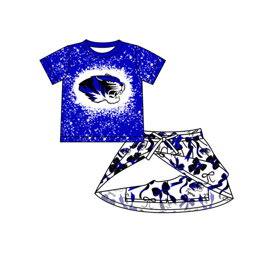 7.5Preorder (moq 5)Baby Girls Short Sleeves Blue Tigers Top Bows Skorts Team Sets