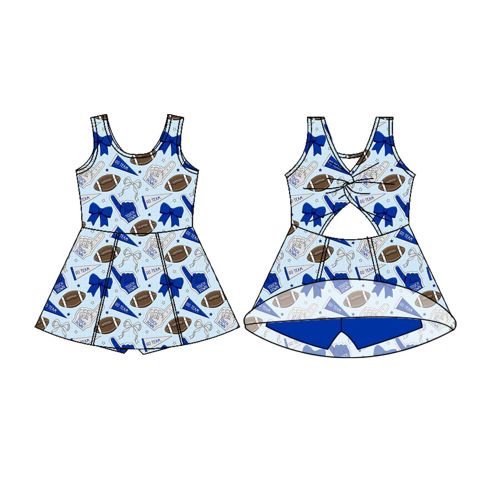 7.18Preorder (moq 5)Baby Girls Sleeveless Hot Blue Bows Footballs Shorts Team Knee Length Dresses