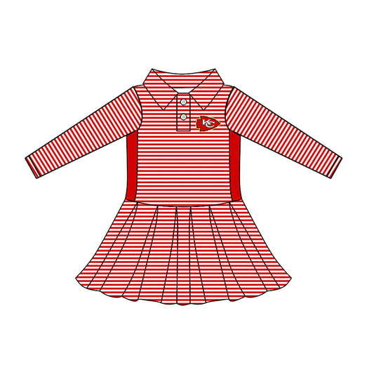 7.30Preorder (moq 5)Baby Girls Long Sleeve Stripe Button KC Team Knee Length Dresses