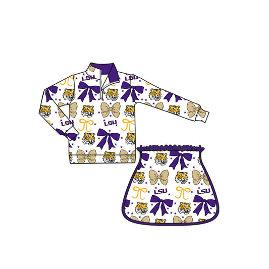 X903Preorder (moq 5)Baby Girls LSU Purple Bows Team Zip Pullovers Skort Team Clothes Sets