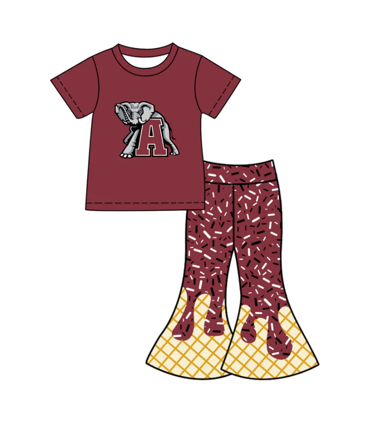 X12.1Preorder (moq 5)Baby Girls Red A Elephants Top Drip Sprinkles Bell Bottom Pants Team Clothes Sets