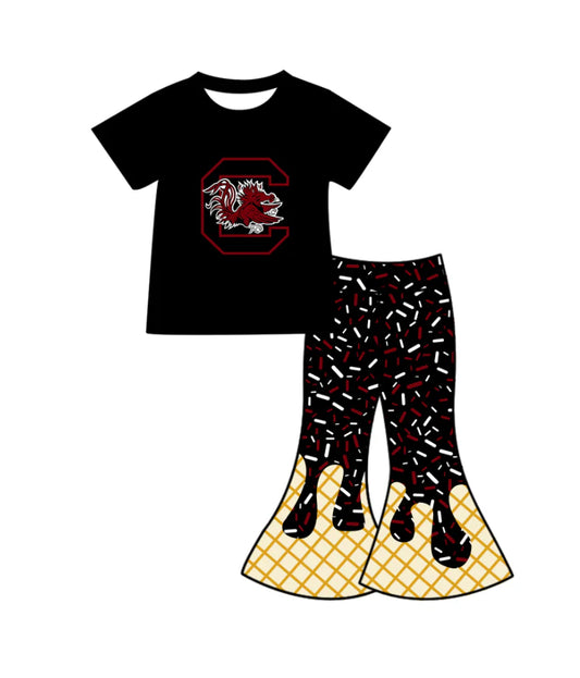 X12.1Preorder (moq 5)Baby Girls Yellow Tigers Top Drip Sprinkles Bell Bottom Pants Team Clothes Sets