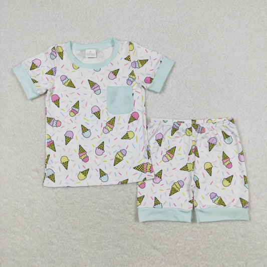 BSSO0622 Ice Cream Teal Pocket White Short Sleeve Shorts Pajama Set