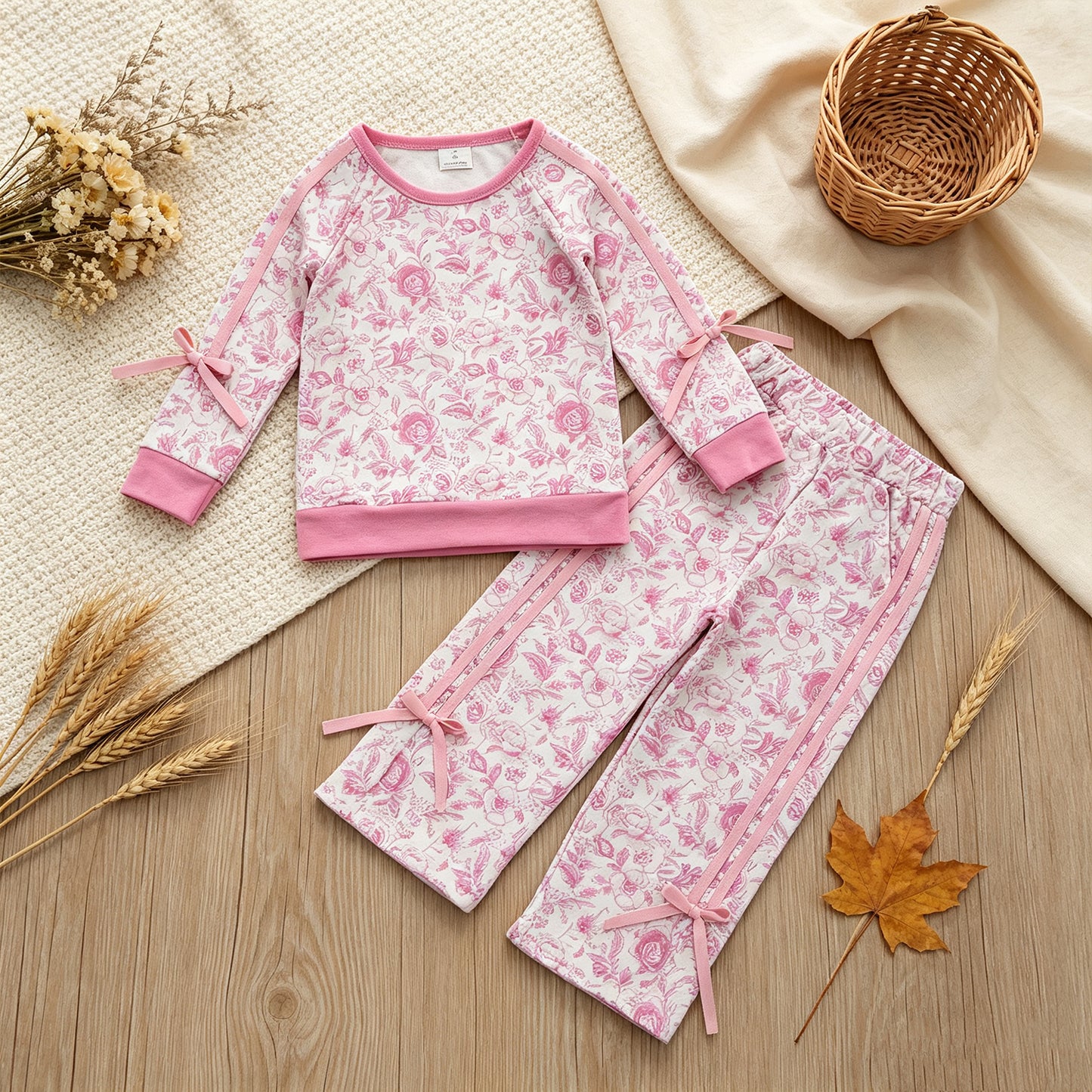 NEW RTS NO MOQ milk silk GLP3366 Baby Girls Pink Floral Print Long Sleeve Top Pockets Flare Pant Fall Outfit Set