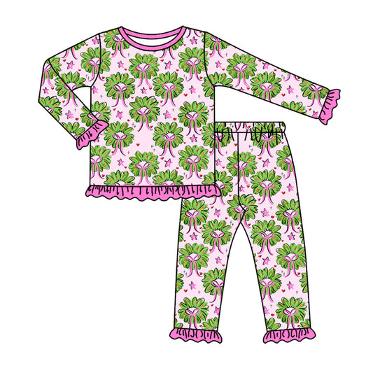7.30Preorder(moq 5) Baby Girls Long Ruffle Sleeves Holly Bows Plaid Top Pants Pajamas Set