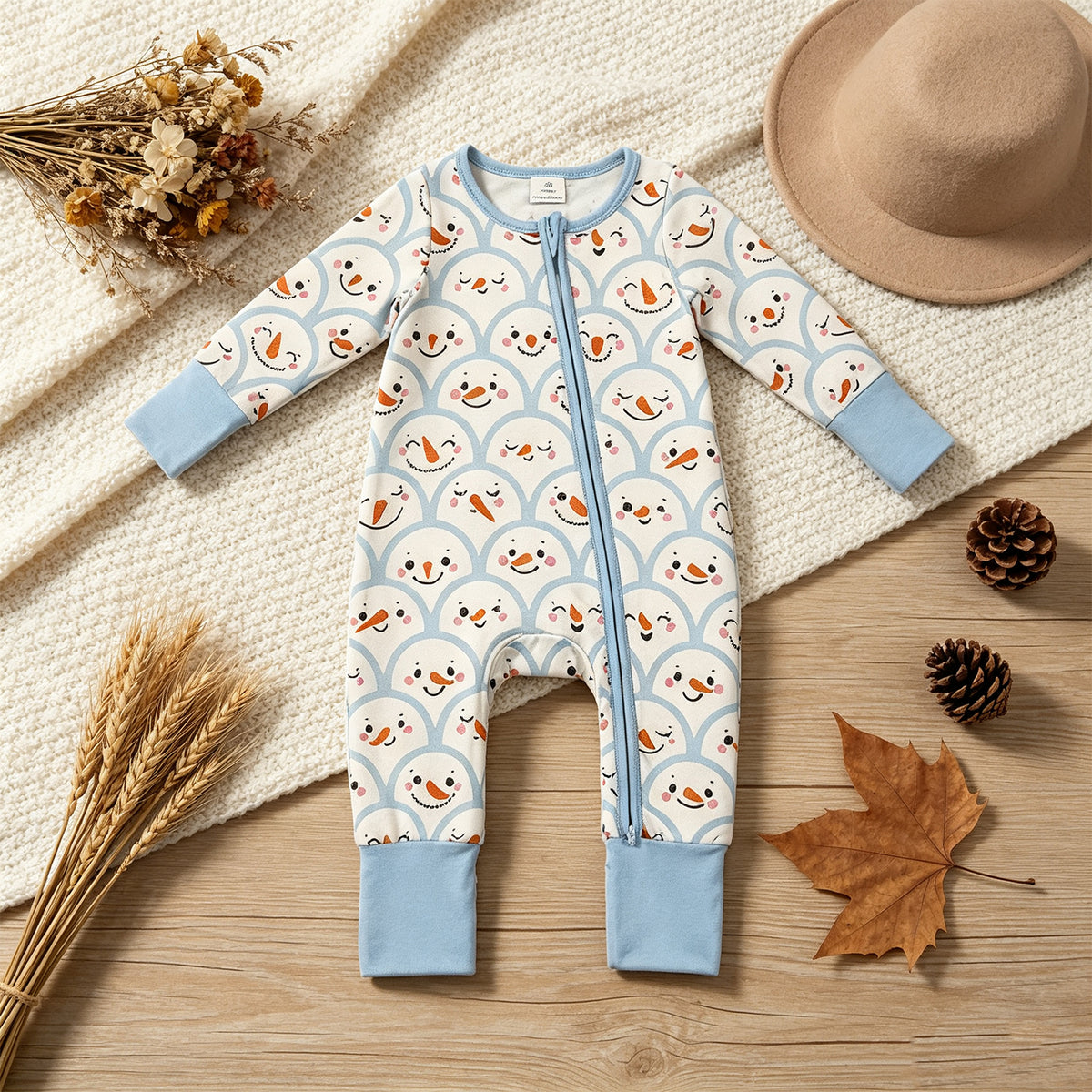 NEW RTS NO MOQ milk silk LR3166 Baby Boys Blue Checked Snowmen Christmas Two Way Zip Convertible Rompers