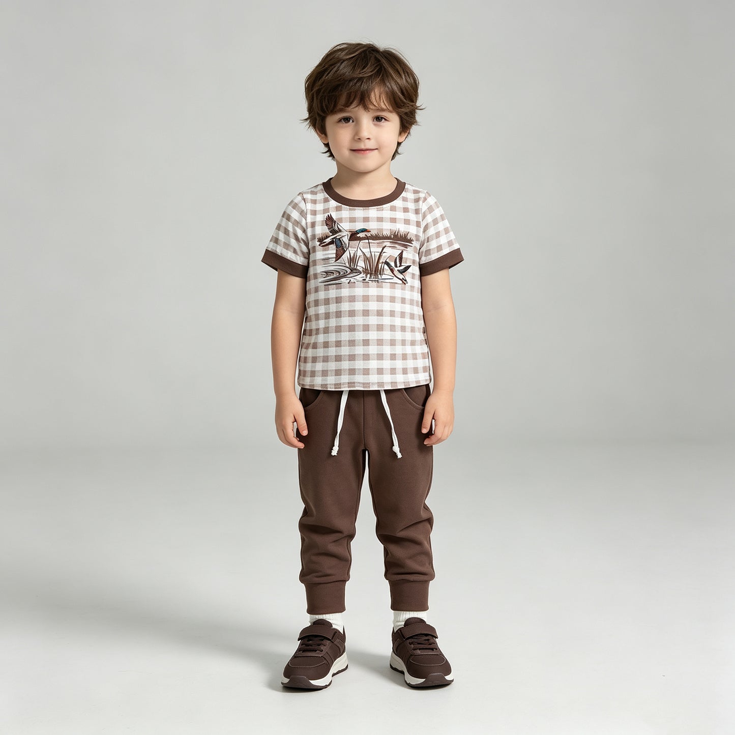 NEW RTS NO MOQ milk silk BSPO0689 Baby Boys Brown Checked Duck Print Pocket Long Sleeve Top Jogger Pants Sets
