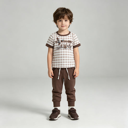 NEW RTS NO MOQ milk silk BSPO0689 Baby Boys Brown Checked Duck Print Pocket Long Sleeve Top Jogger Pants Sets