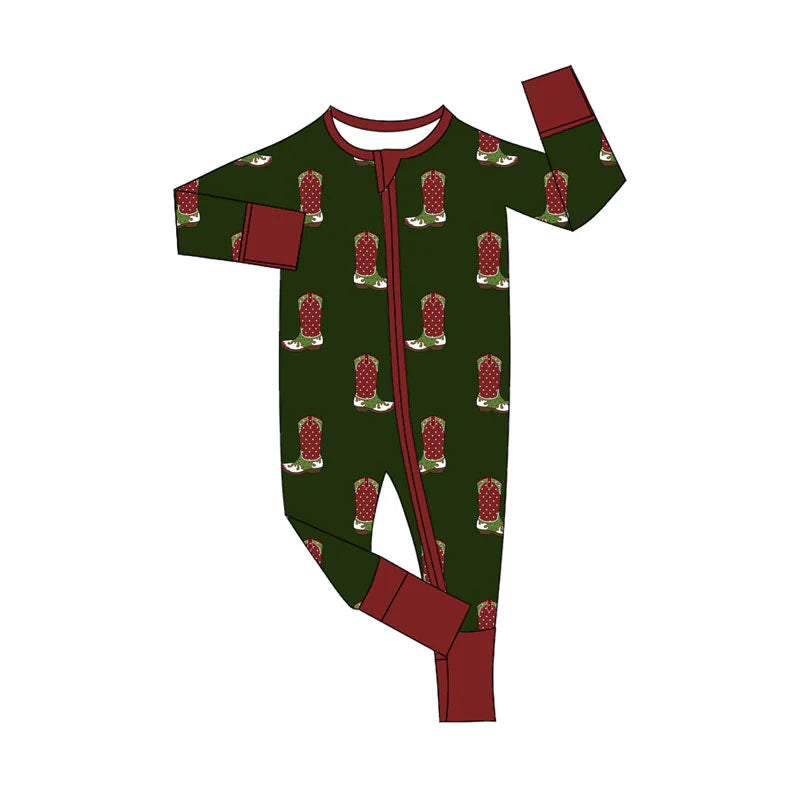 X920Preorder (moq 5)Baby Boys Dark Green Boots Christmas Zipper Footie Rompers