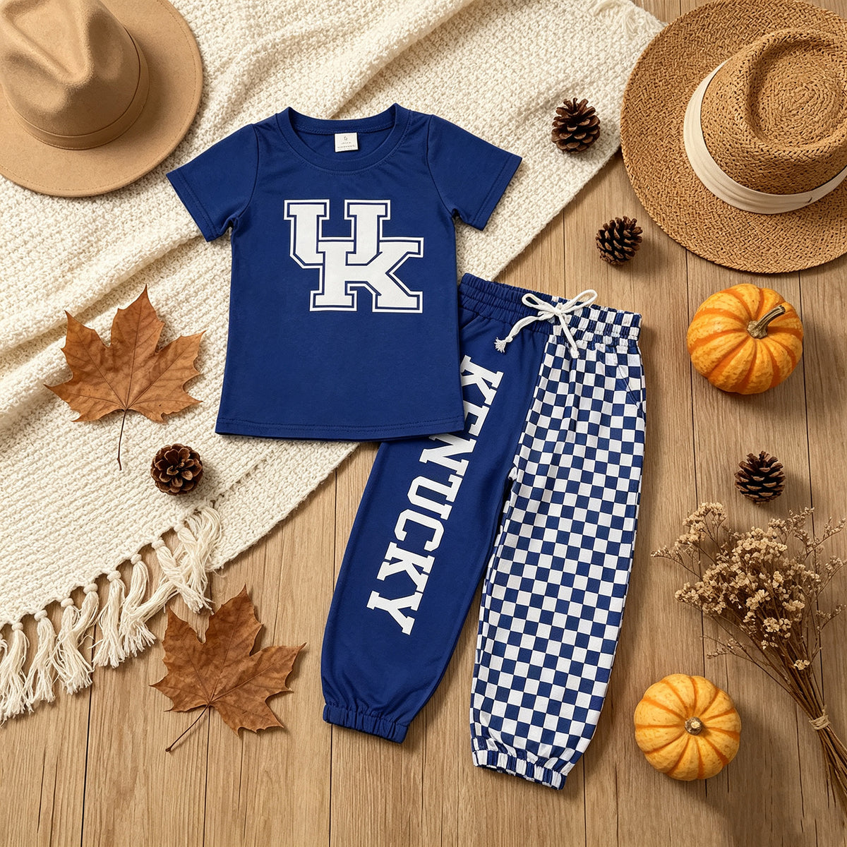 NEW RTS No moq Vinyl BSPO0696（BT1882+P1059）Kentucky Top Pockets Checked Joggers Team Clothes Sets