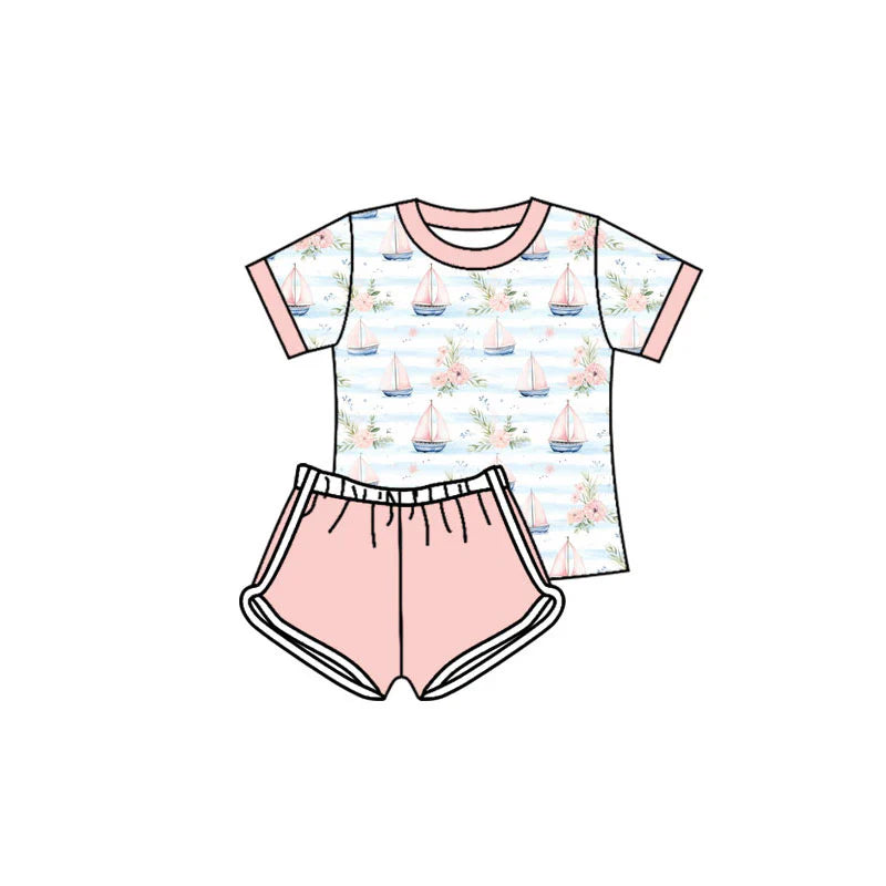 X11.19Preorder(moq 5) Baby Girls Flowers Boats Stripe Top Shorts Clothes Sets