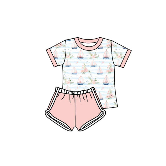 X11.19Preorder(moq 5) Baby Girls Flowers Boats Stripe Top Shorts Clothes Sets
