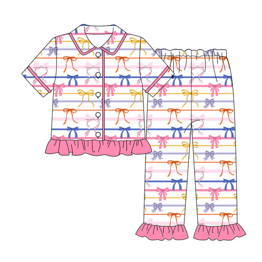 X919Preorder (moq 5)Baby Girls Colorful Bows Stripe Button Top Ruffle Pants Pajamas Sets